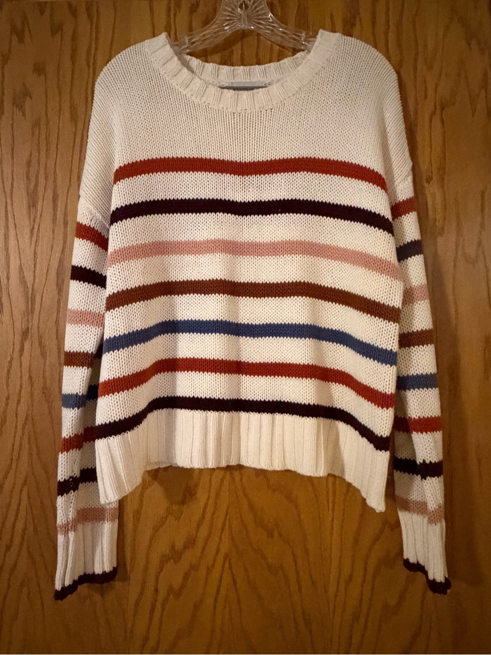 Evereve Cream Striped Crewneck Sweater with Multi Color Bands
